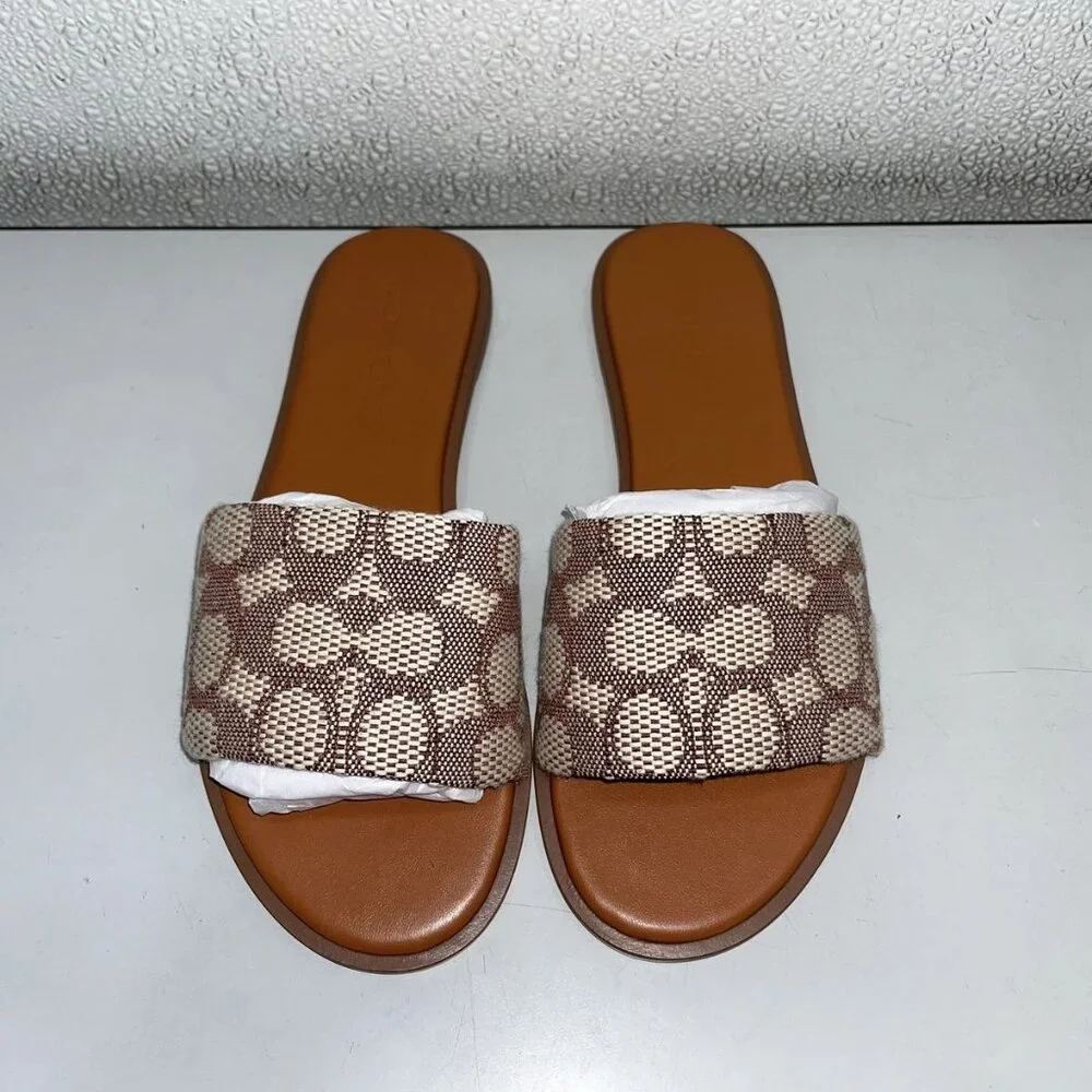 Coach Brown and Cream Signature Slide Sandals
